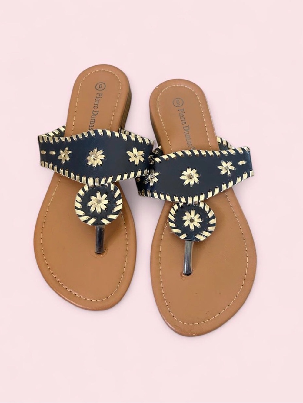 Pierre Dumas Navy Embroidered  Floral Thong Sandals - Size 6
